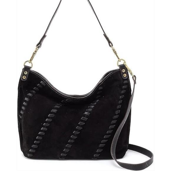 HOBO International Pier Black Suede Leather Crossbody Shoulder Bag Convertible - Picture 2 of 15